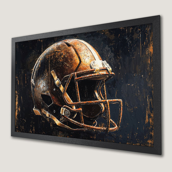 Framed Poster of a football helmet in a textured, abstract style with a dark, gold, and brown color palette. Elevate your decor!