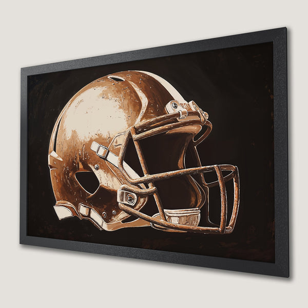 Framed Poster of a football helmet in sepia tones. Stylish art print for sports fans.
