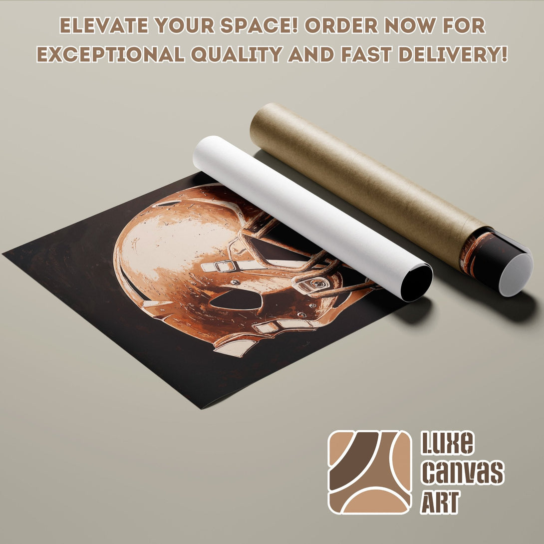 Football helmet poster roll in brown tones. Elevate your space with Luxe Canvas Art! Order your Poster today.