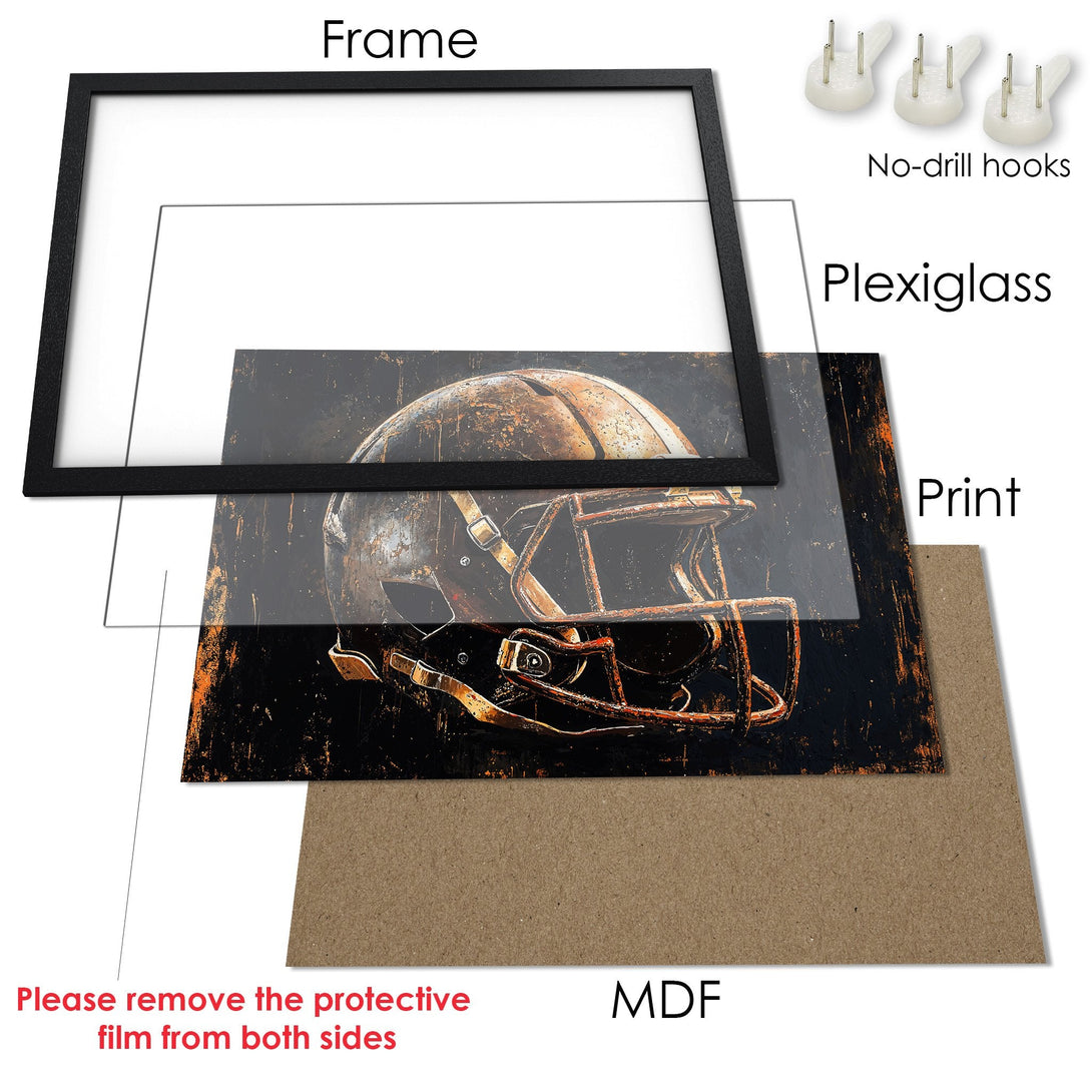 Framed Poster featuring a distressed football helmet. Rustic style with a black, brown, and orange color palette. Perfect wall art!