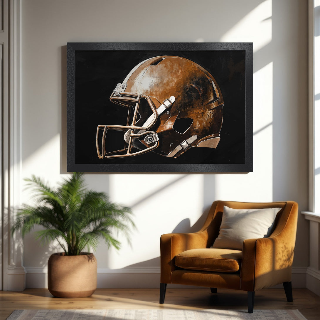 Framed Poster featuring a football helmet in a painterly style with brown and black tones. Perfect wall art for sports fans!