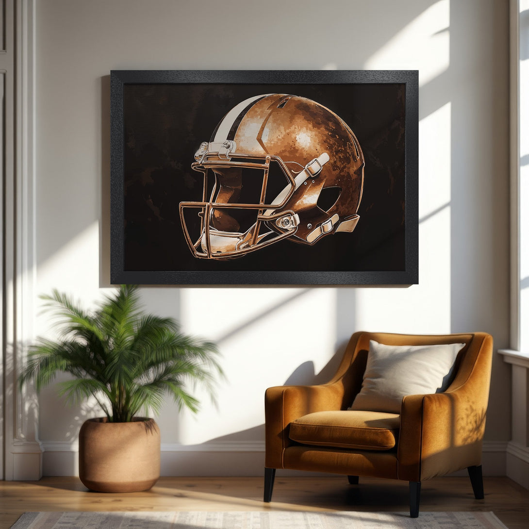 Framed Poster featuring a football helmet, artistic style with brown and gold tones. Perfect wall art for sports fans!
