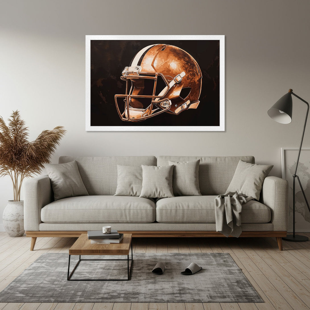 Framed Poster of a football helmet in a copper color palette. Modern art for sports fans. Enhance your home decor with this stylish poster.