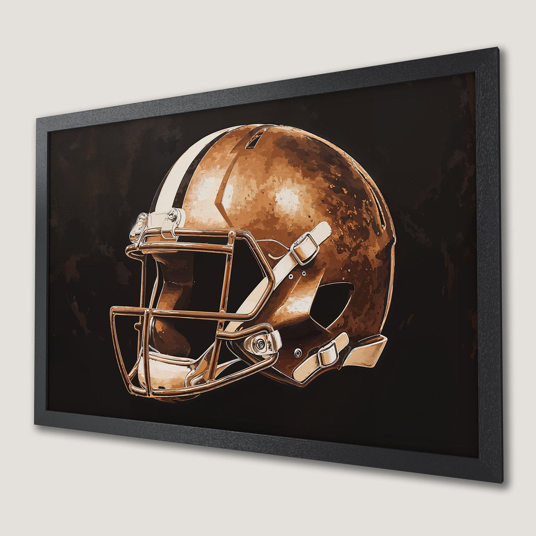 Framed Poster featuring a football helmet in brown tones against a dark background. Stylish wall art perfect for sports fans!