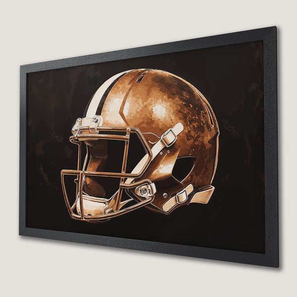 Framed Poster featuring a football helmet in brown tones against a dark background. Stylish wall art perfect for sports fans!