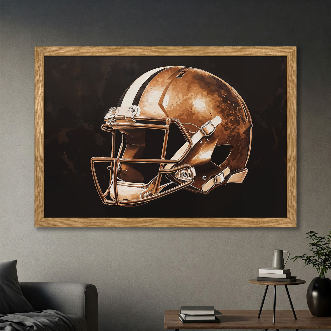 Framed Poster of a football helmet in bronze tones, a stylish art piece for sports fans. Black and brown color palette.