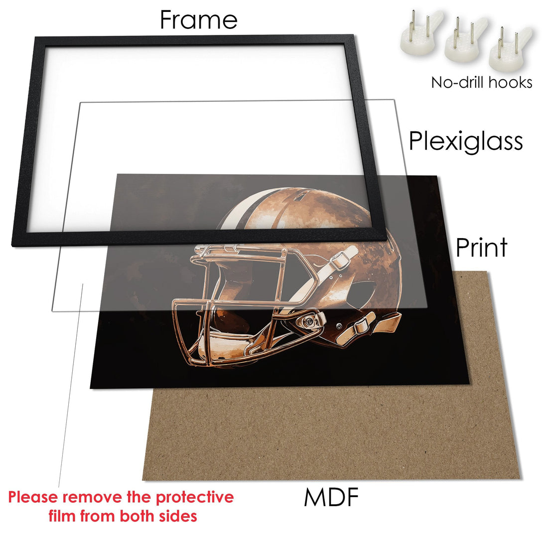 Framed Poster featuring a football helmet in a warm, sepia tone. Perfect sports decor!