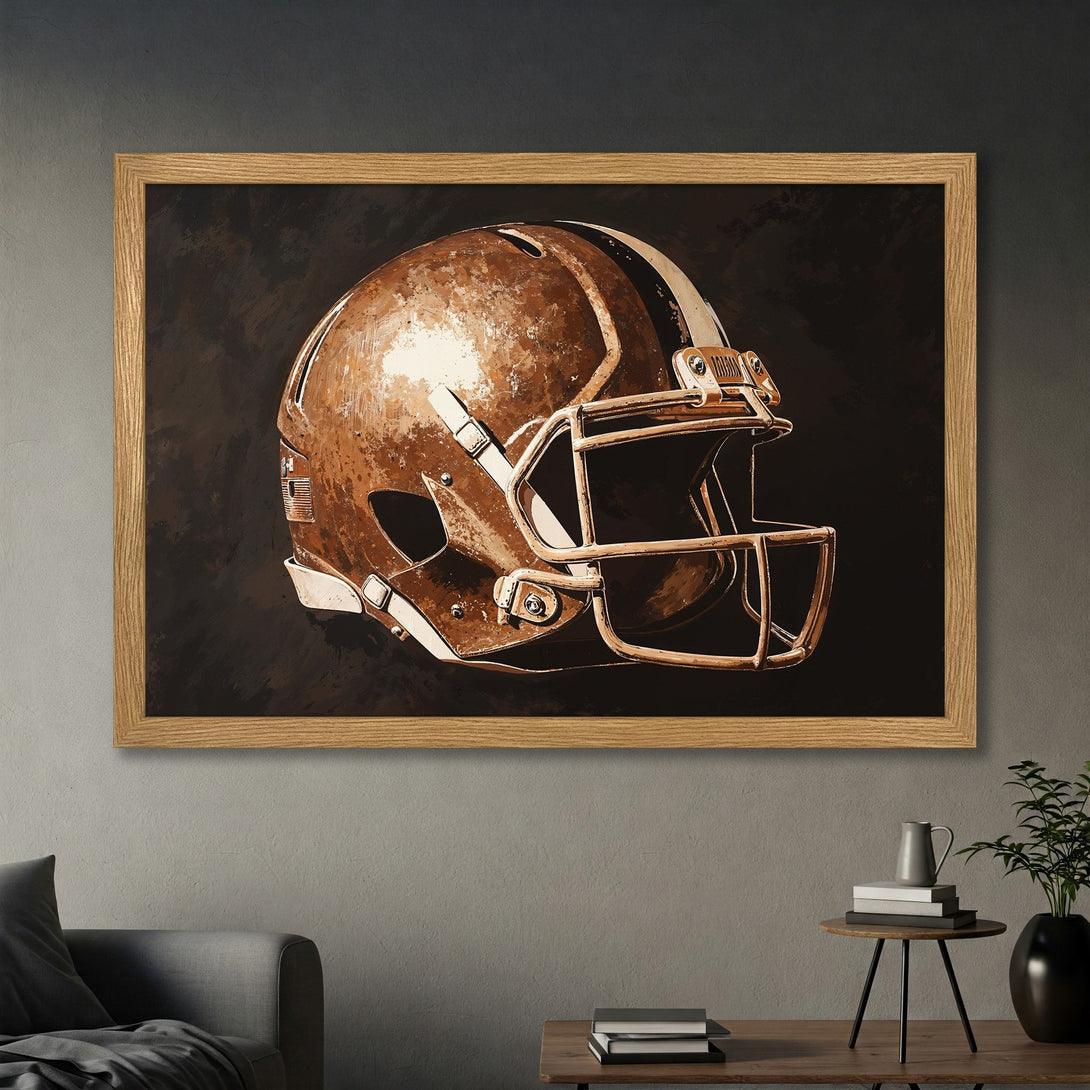 Framed Poster of a football helmet in a vintage style, featuring a brown and cream color palette. Perfect wall art for sports fans!