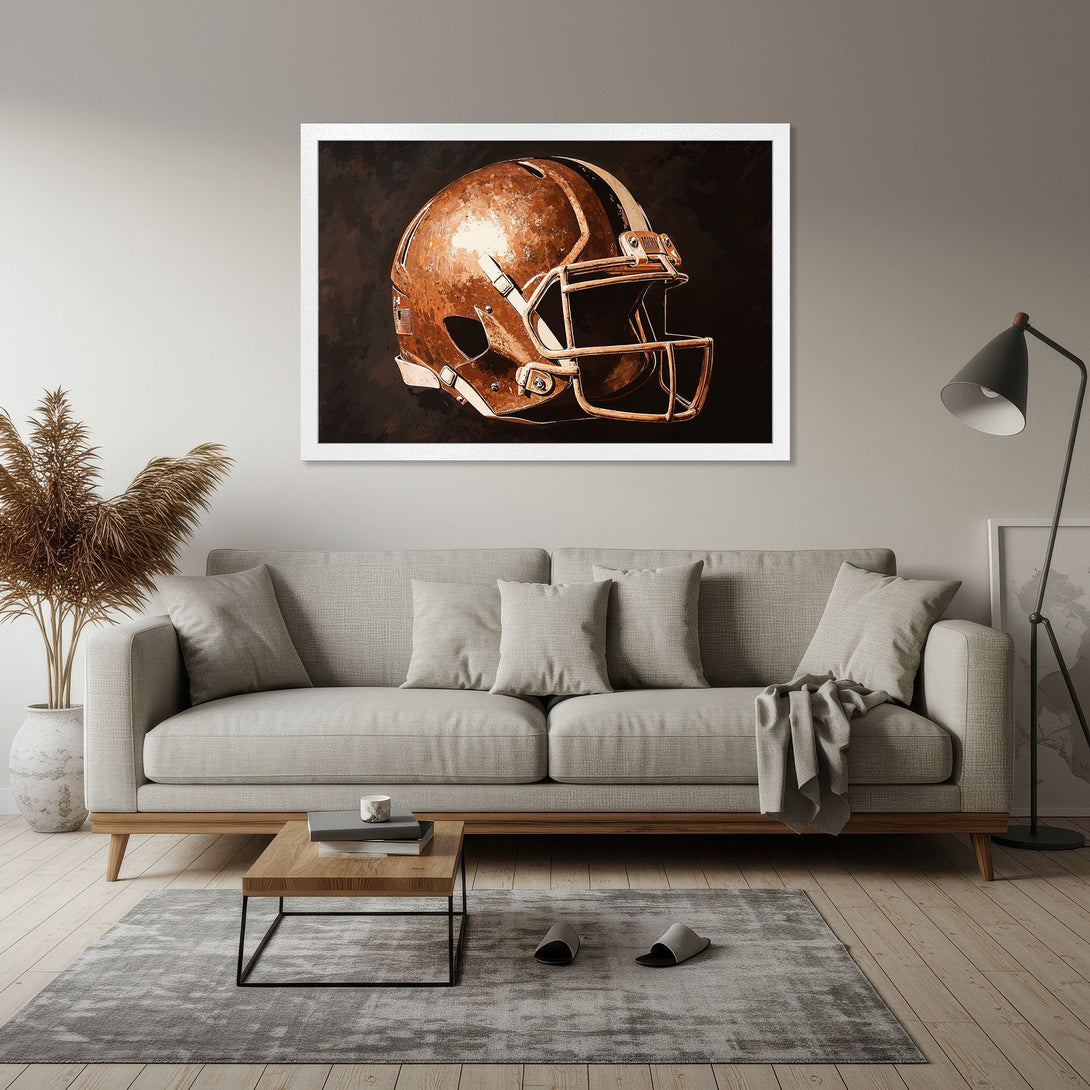 Framed Poster featuring a vintage football helmet art print. Warm brown tones and a stylish, modern aesthetic. Perfect wall art!