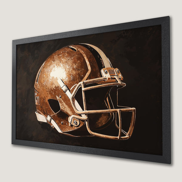 Framed Poster featuring a football helmet in a painterly style with a brown and beige color palette, perfect for sports fans.