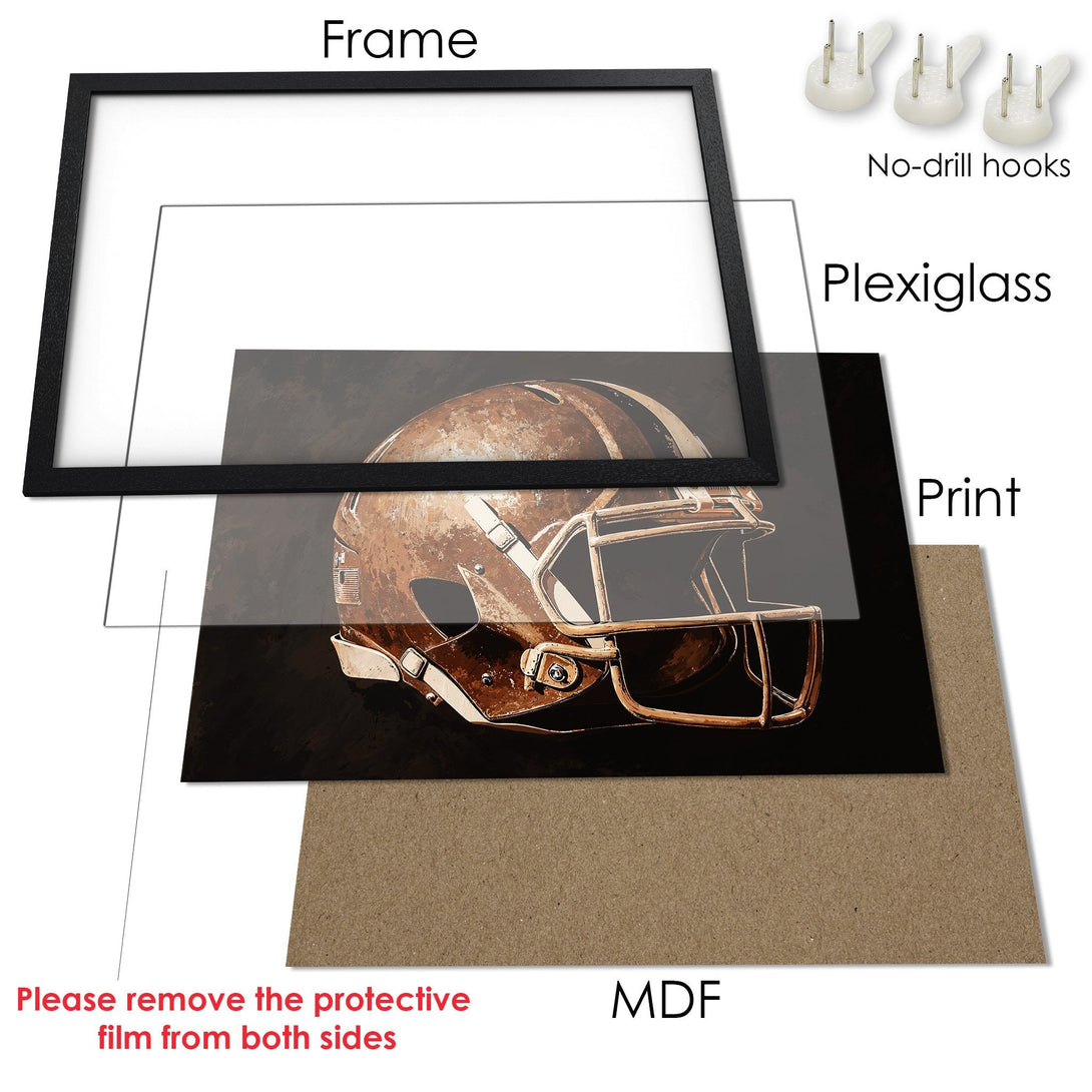 Framed Poster of a football helmet in sepia tones. Stylish wall art for your home. Easy to hang!