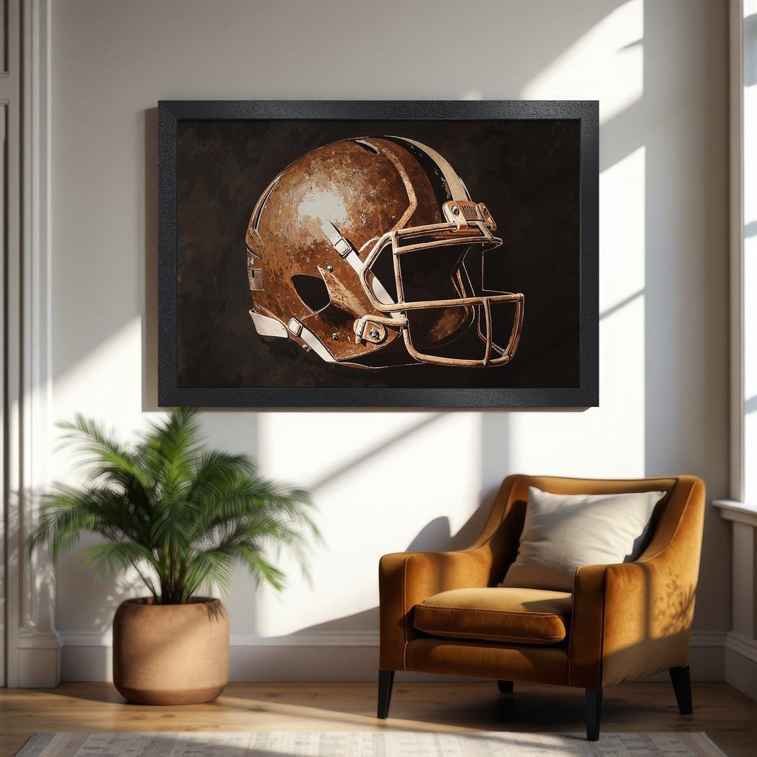 Framed Poster of a vintage football helmet, art print in warm brown tones. Perfect wall decor for sports fans.