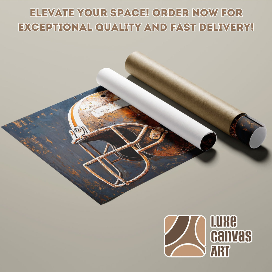 Football helmet art Poster Roll, rustic style, blue, brown, and orange color palette.