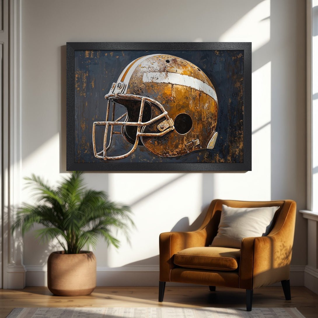 Framed Poster featuring an aged football helmet in a rustic style with a gold and blue color palette. Perfect for sports fans!