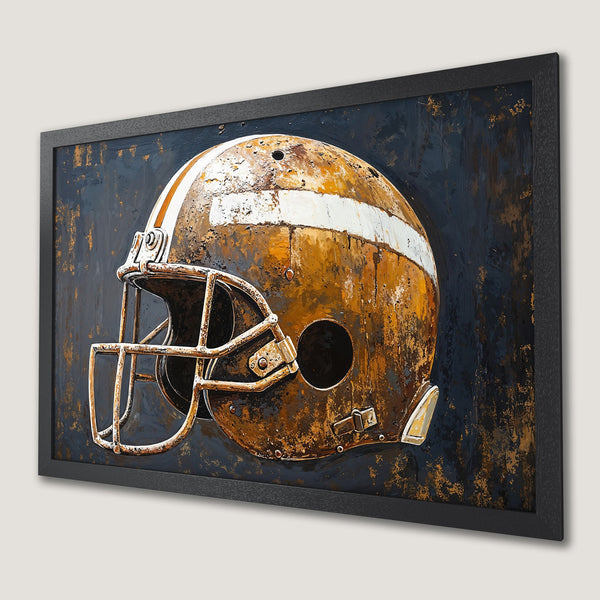 Framed Poster of a vintage football helmet. Abstract art style with a dark blue, gold, and white color palette. Perfect for sports fans!