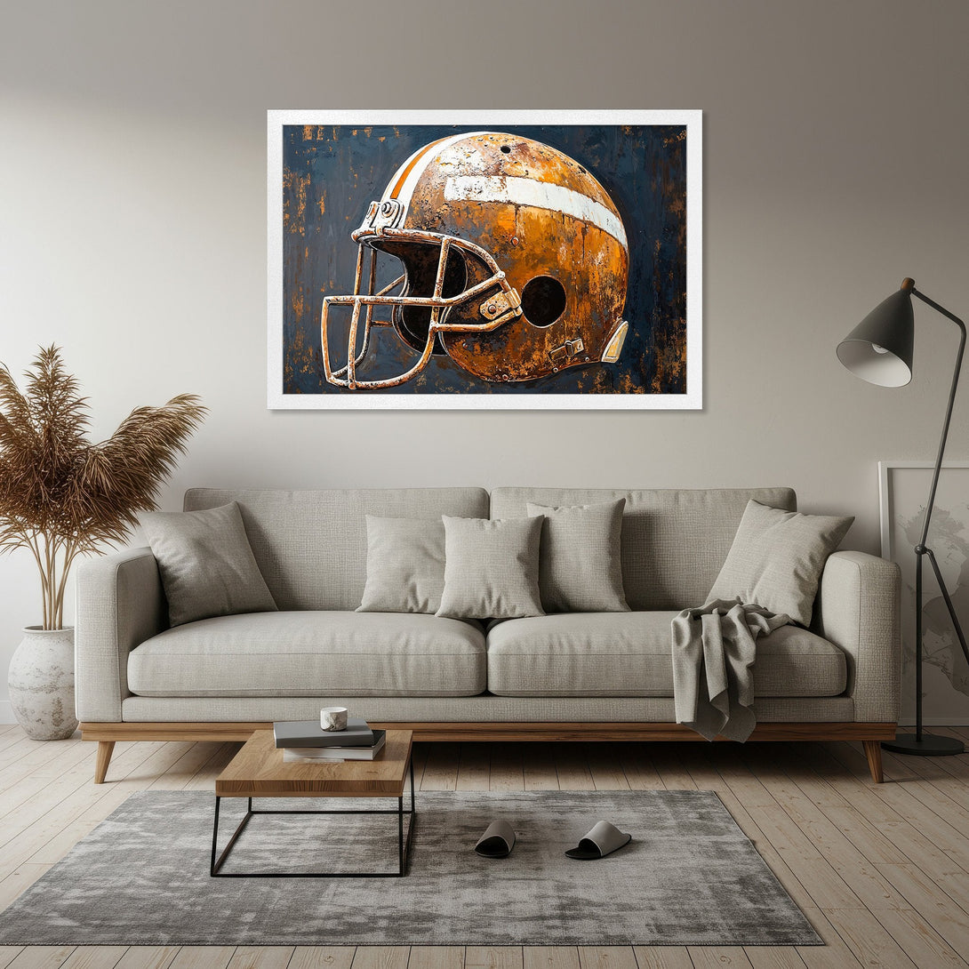 Framed Poster of a vintage football helmet, featuring a rustic style and a warm, earthy color palette. Perfect wall art!
