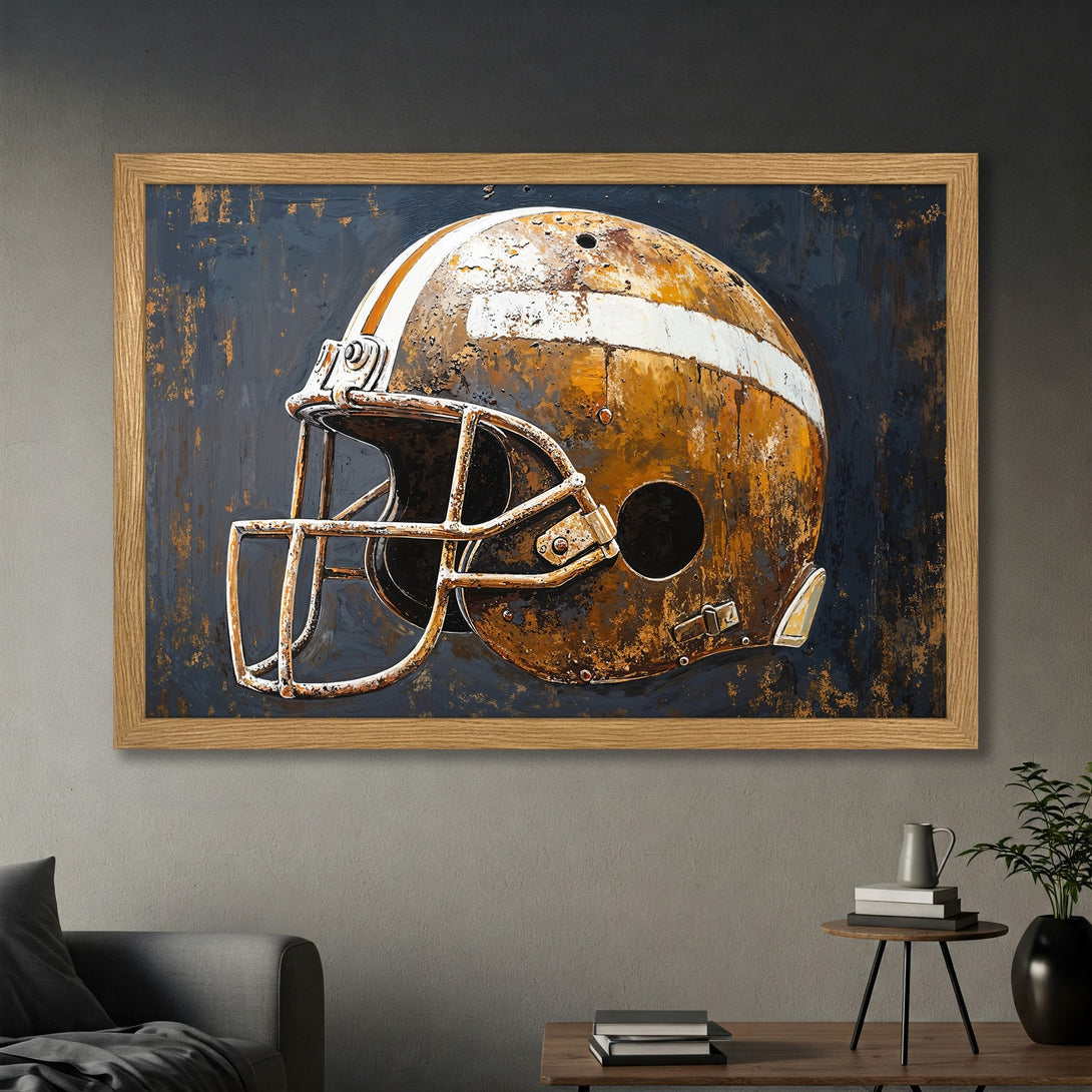 Framed Poster featuring an abstract football helmet in a rustic style, with a dark blue and gold color palette. Perfect wall art!