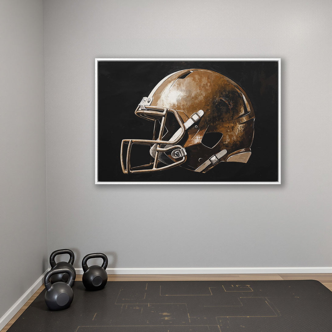 Framed Wall Art: Football helmet art print in a modern interior. Bronze and black color palette. Perfect for sports fans and home gyms.