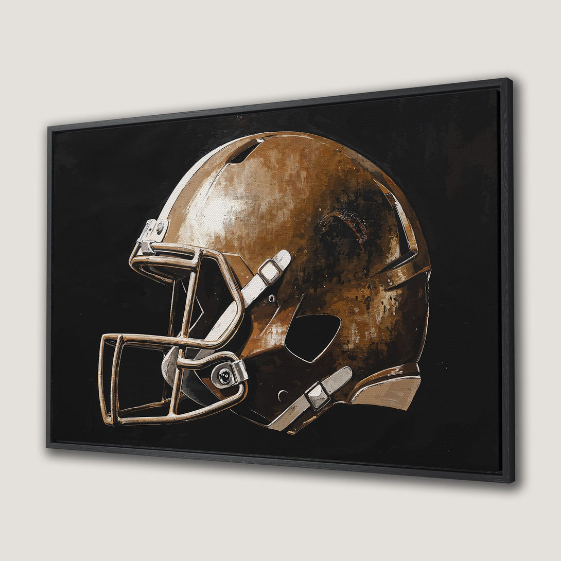 Framed Wall Art of a football helmet in an abstract style. Earth-toned palette of browns and blacks. Perfect for sports fans!