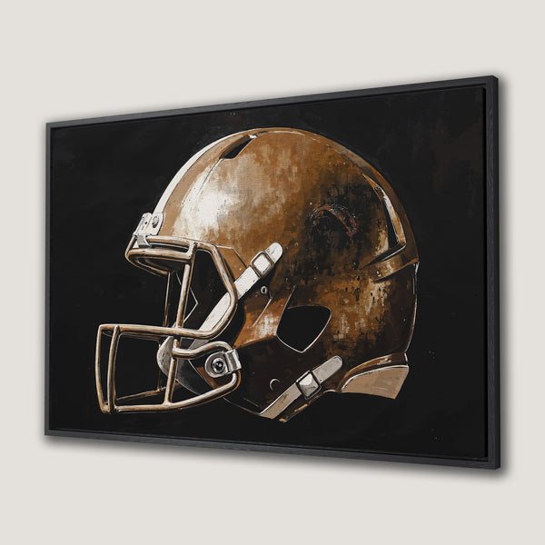 Framed Wall Art of a football helmet in an abstract style. Earth-toned palette of browns and blacks. Perfect for sports fans!