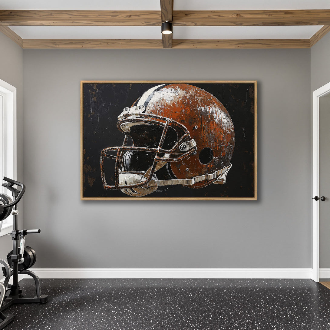 Framed Wall Art: Abstract football helmet in rustic orange and black. Modern art for your home gym. Add a touch of sports style!