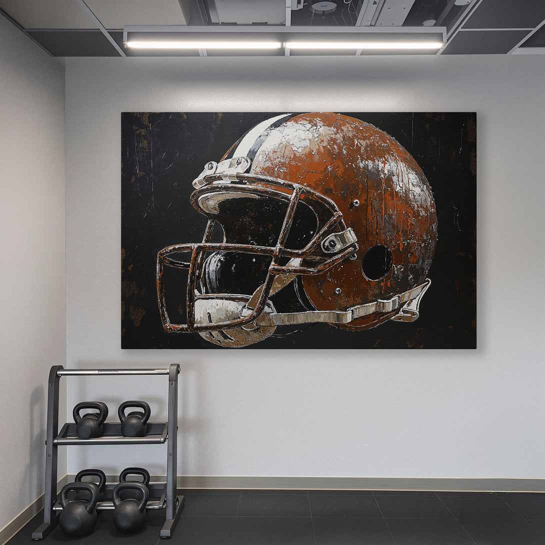 Framed Wall Art: Abstract football helmet canvas print in a home gym. Rustic style with brown, black, and teal color palette. Elevate your space!