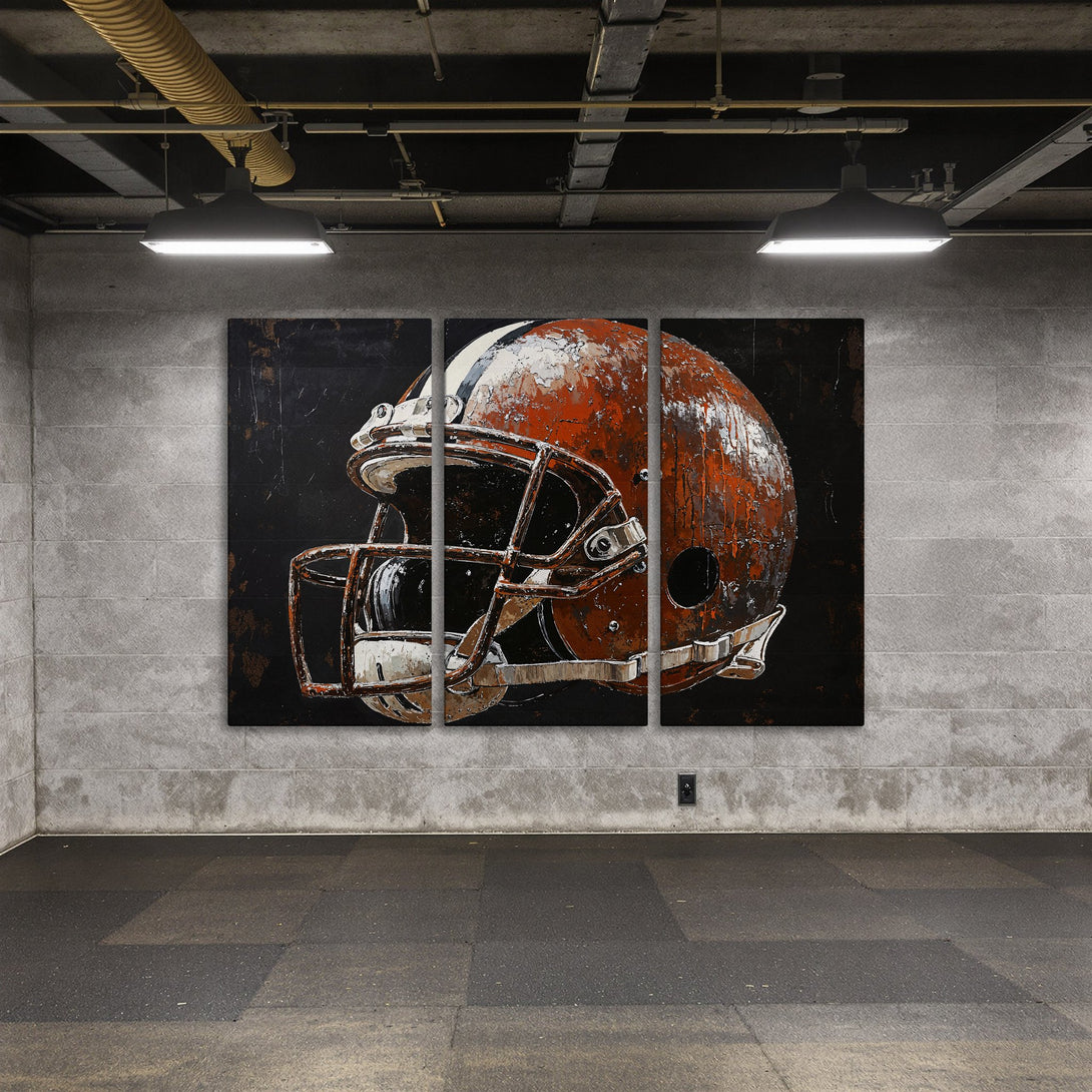 Canvas Print of a vintage football helmet in a distressed style with a brown and black color palette. Perfect wall art for sports fans!