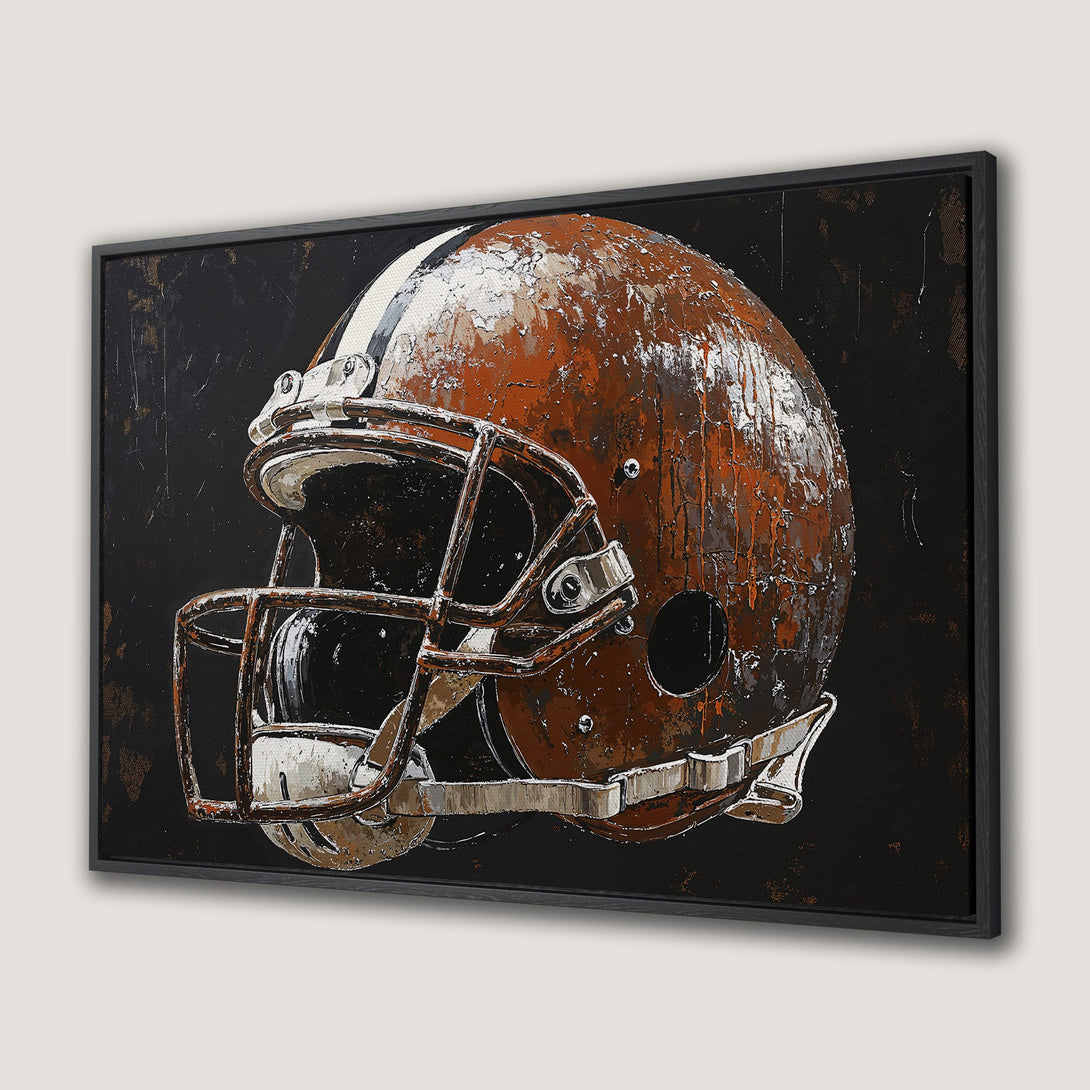 Framed Wall Art: Abstract football helmet in orange, white, and black. Modern, textured style Canvas Print for sports fans.