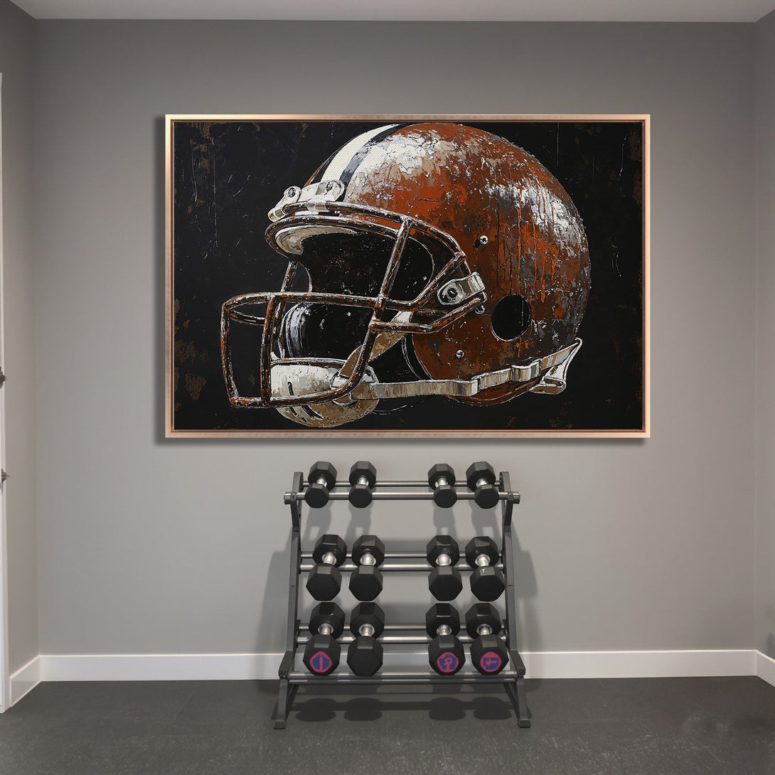 Framed Wall Art: Abstract football helmet in brown & black. Modern art Canvas Print adds a bold statement to any space.