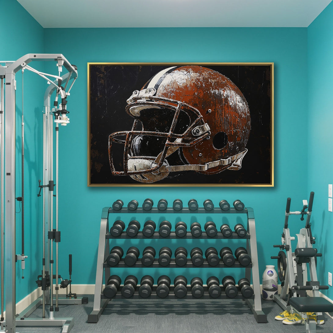 Canvas Print of a football helmet in an abstract style, featuring a brown and black color palette, ideal for sports decor.