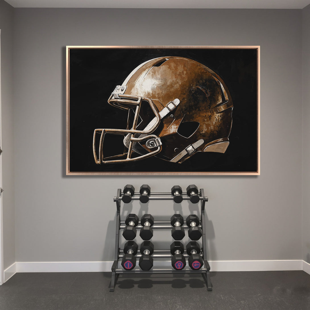 Framed Wall Art: Football helmet painting in brown and black tones, modern style. Perfect for sports fans!