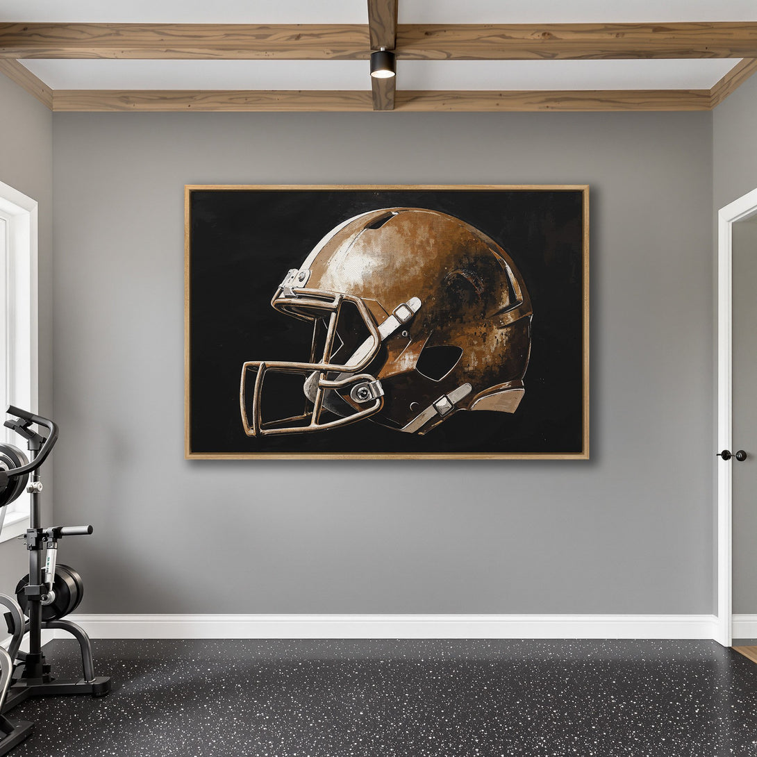 Framed Wall Art: Football helmet canvas print in a modern interior. Features warm brown and black tones, perfect for sports fans. Elevate your space!