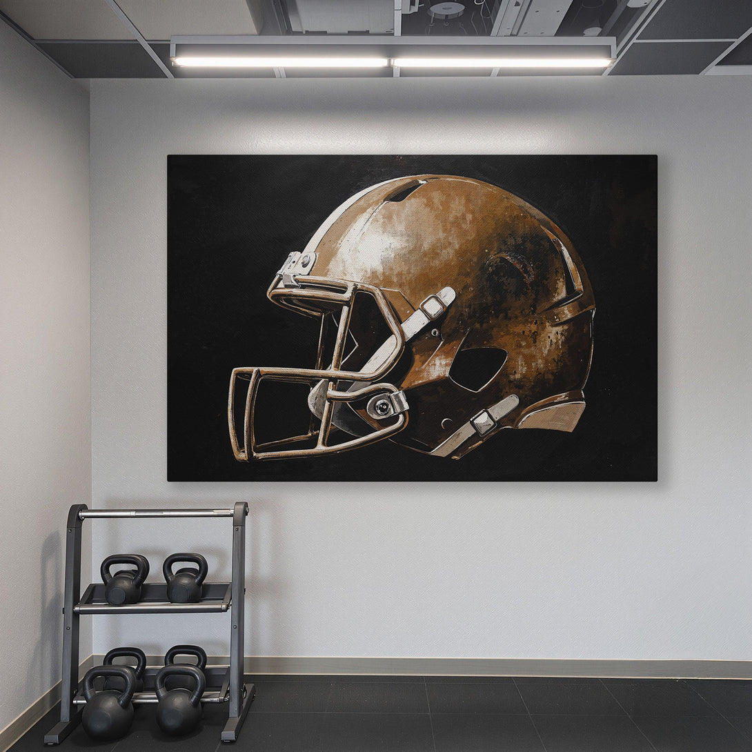 Framed Wall Art of a football helmet in a modern style, featuring a brown and black color palette, displayed in a home gym.