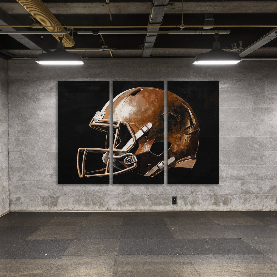 Canvas Print of a football helmet in a rustic style, featuring a brown and black color palette. Perfect wall art for sports fans!