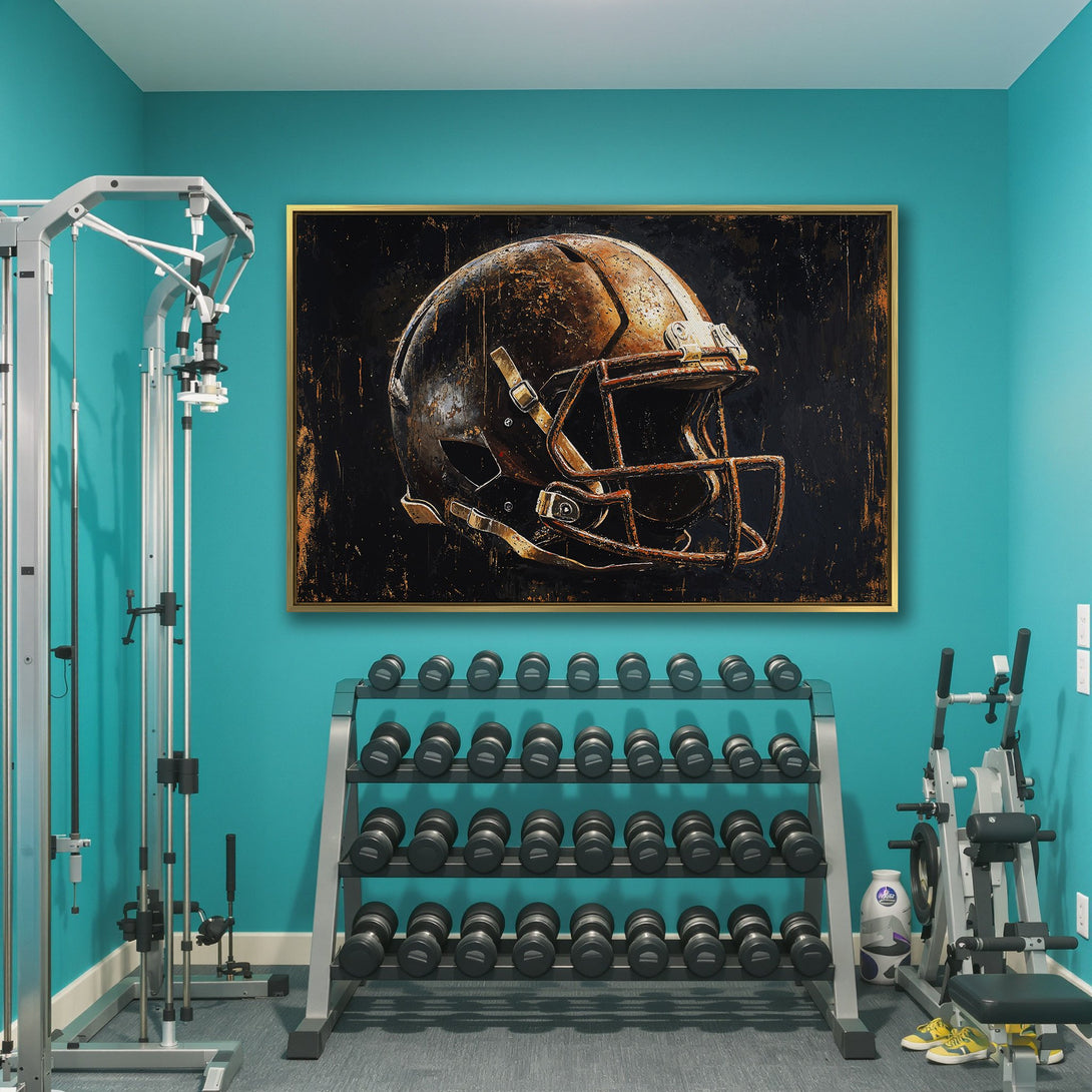 Canvas Print of a football helmet in a distressed, textured style with a dark, warm color palette. Perfect wall art for sports fans.
