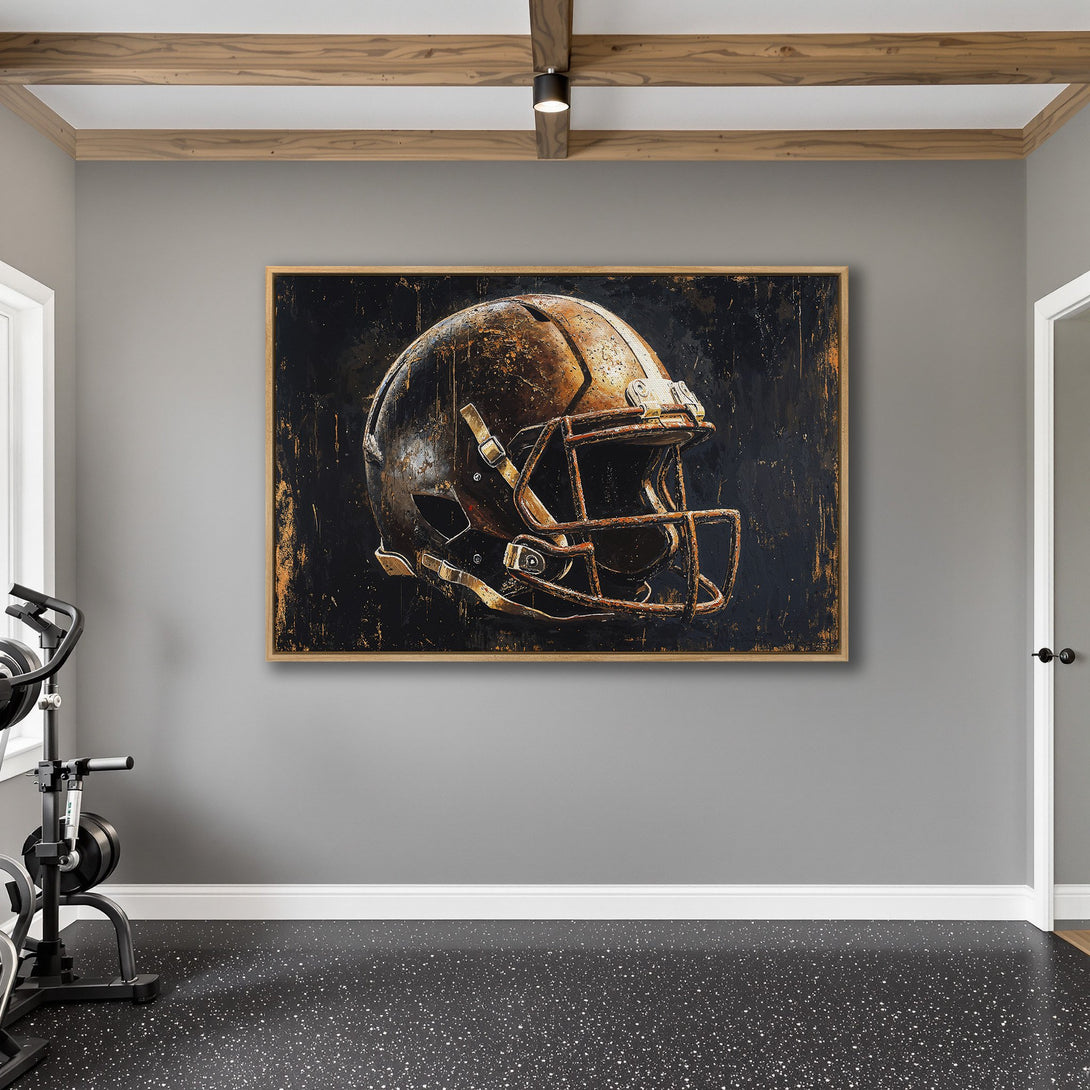 Framed Wall Art: Rustic football helmet art in a modern interior. Features a distressed style with a black, gold, and brown color palette. Perfect for sports fans!