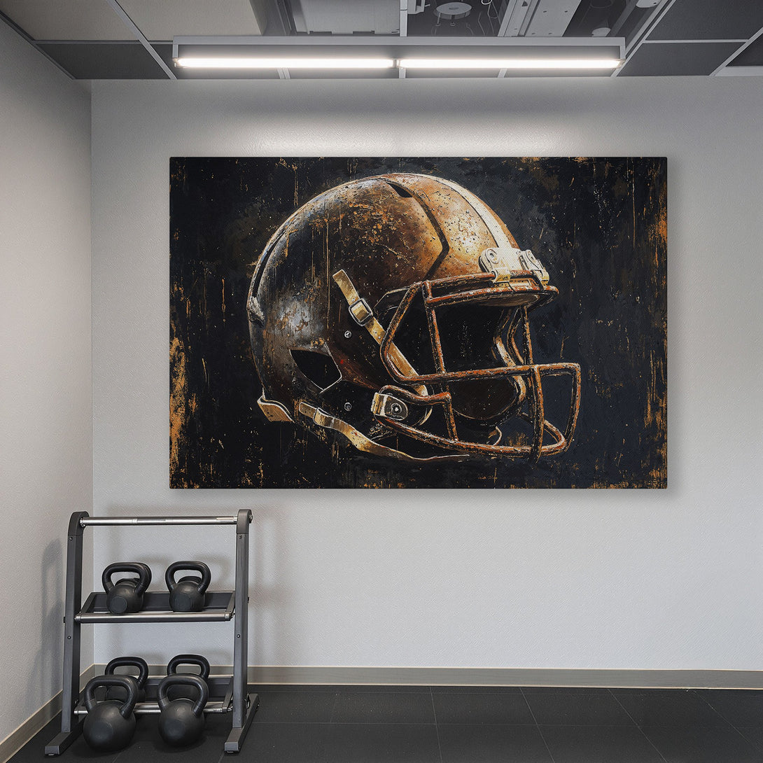 Framed Wall Art of a vintage football helmet in a gym. Rustic style with a dark, earthy color palette, perfect for sports fans.