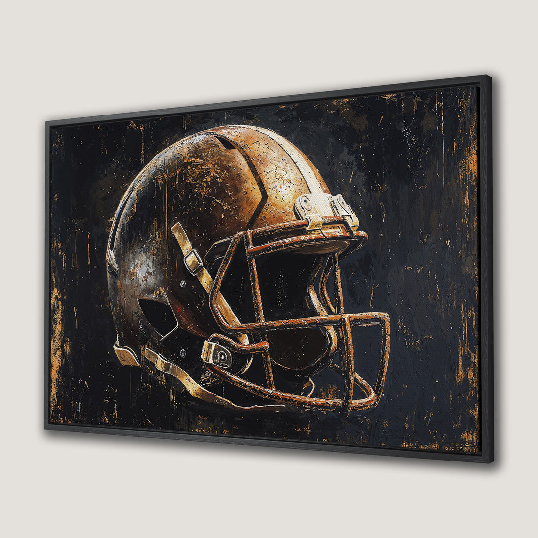 Framed Wall Art: Abstract football helmet art in a grunge style. Dark, moody color palette with bronze and black tones. Perfect for sports fans.