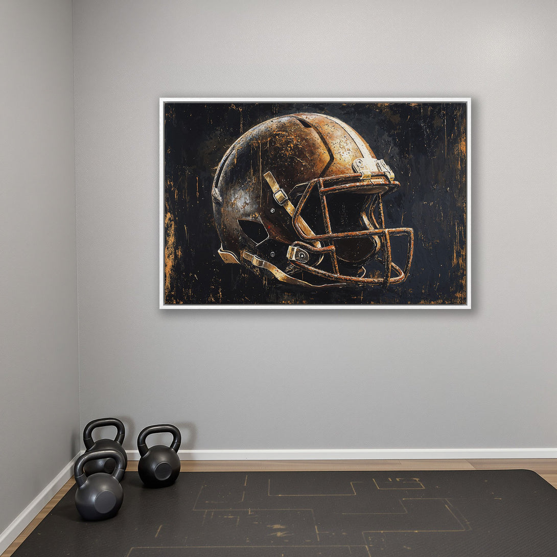 Framed Wall Art: Football helmet painting in a rustic style with a black, brown, and gold color palette. Perfect for home gyms or sports-themed spaces.