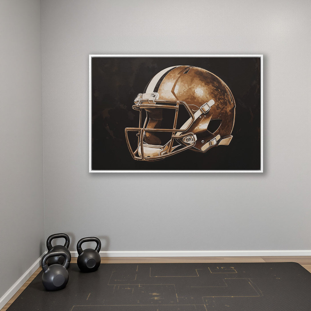 Framed Wall Art: Football helmet canvas print in bronze tones. Modern art for home gym decor. Adds a touch of sport to your space.