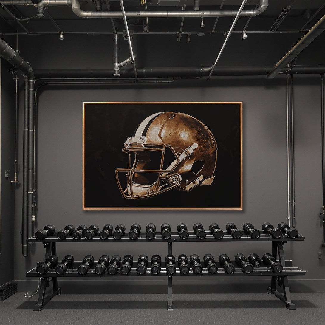 Framed Wall Art featuring a football helmet in bronze tones. Modern, minimalist style with a dark, industrial interior color palette. Perfect for home gyms!