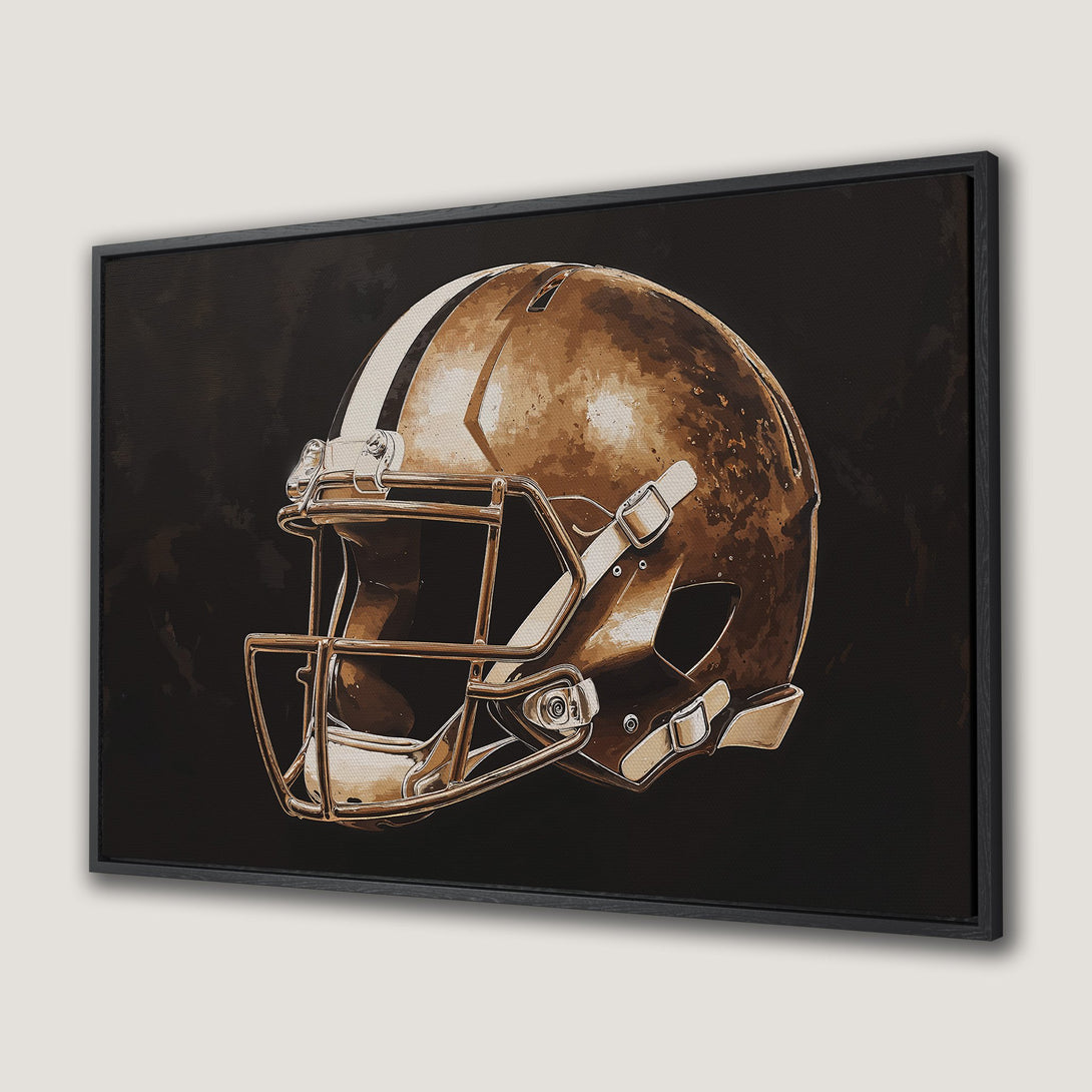 Framed wall art featuring a football helmet in a vintage style, with a warm brown and black color palette. Perfect for sports fans!
