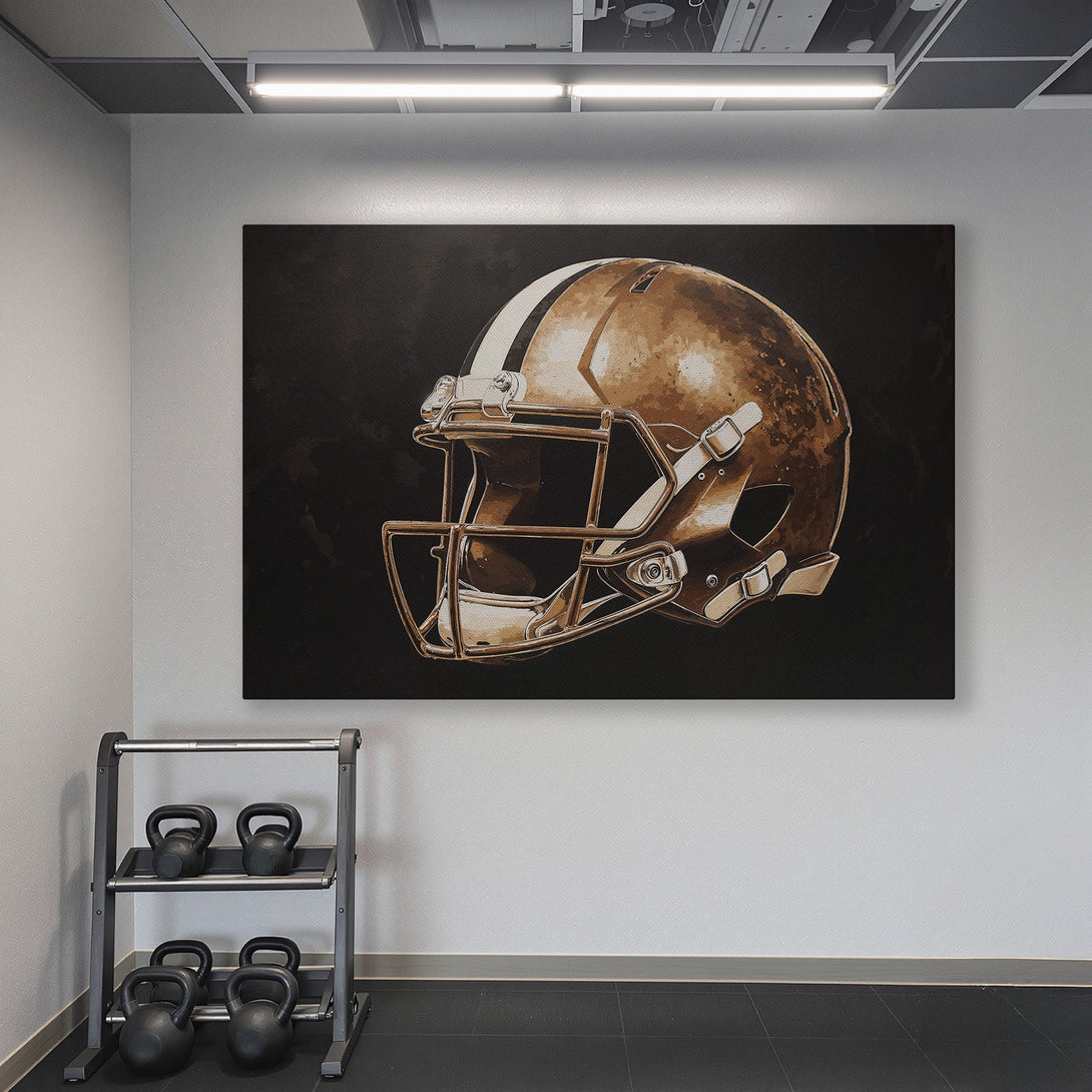 Framed Wall Art: Football helmet canvas print in a home gym. Brown and black artwork against a teal wall. Modern style, perfect for sports fans.