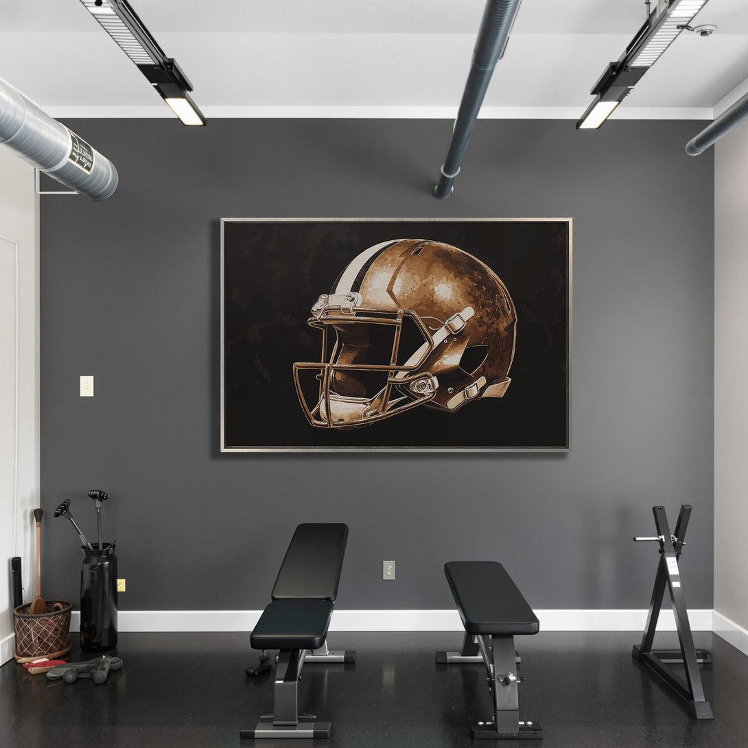 Framed Wall Art featuring a football helmet in a modern style with a warm, brown color palette, perfect for a gym or sports-themed space.