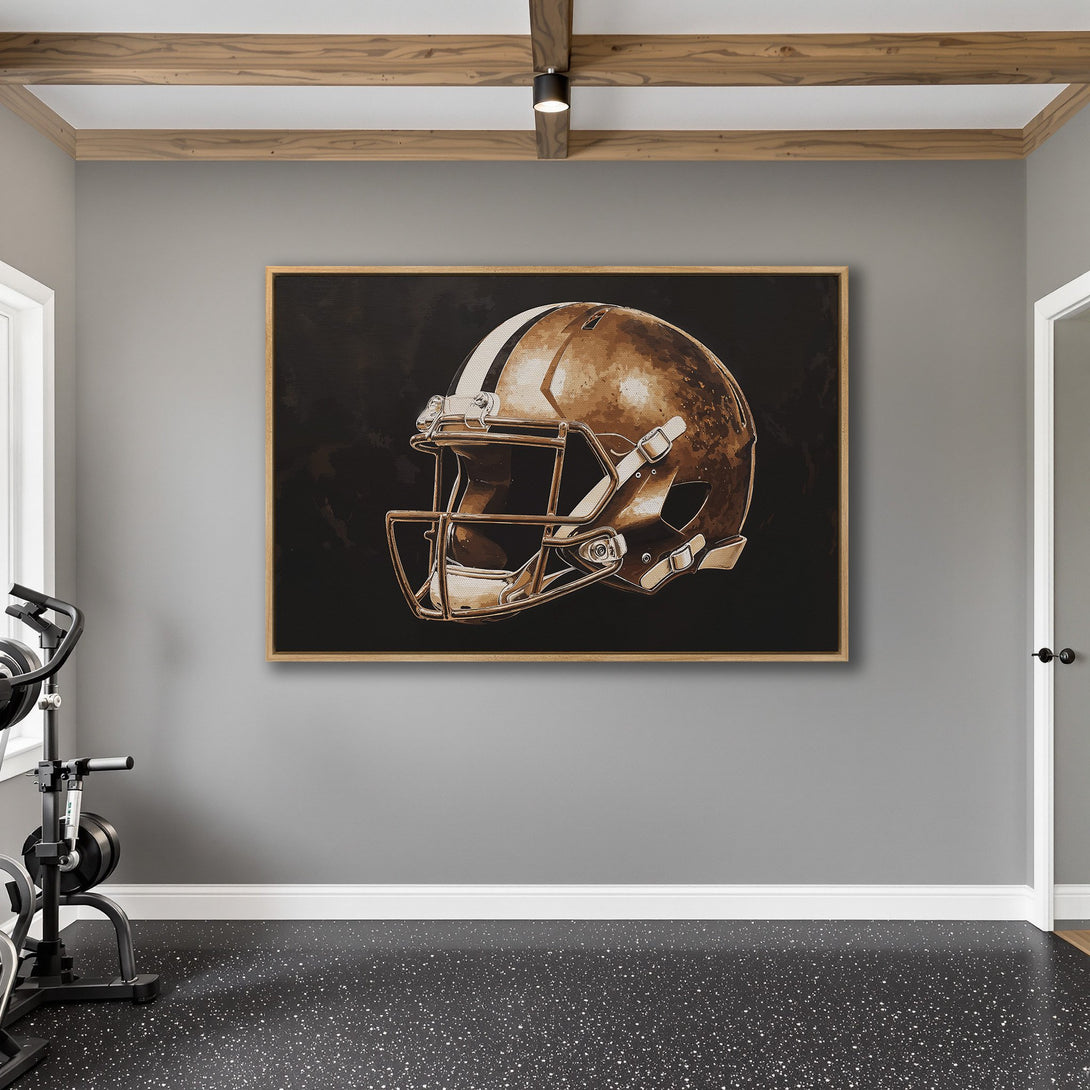 Framed Wall Art of a football helmet in a modern style. Warm brown and black color palette. Perfect sports decor for your home gym or man cave!