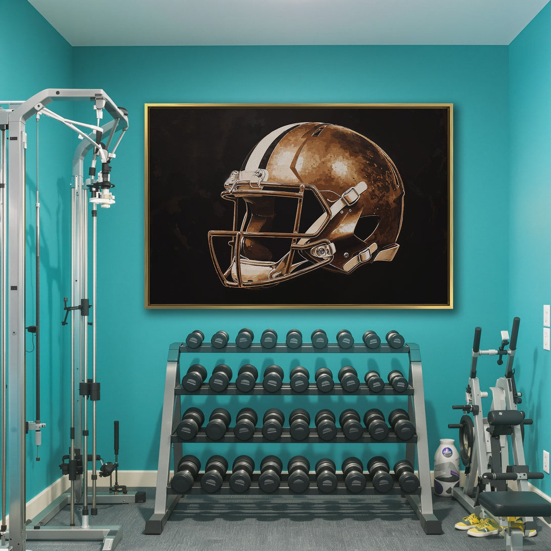 Canvas Print of a football helmet in sepia tones, perfect for sports fans. Rustic style with a brown and black color palette. Add this framed wall art to your space!