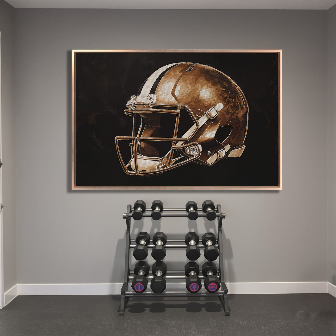 Framed Wall Art: Football helmet canvas print in sepia tones. Stylish wall decor for home gym or sports-themed room. Bronze frame, modern art.