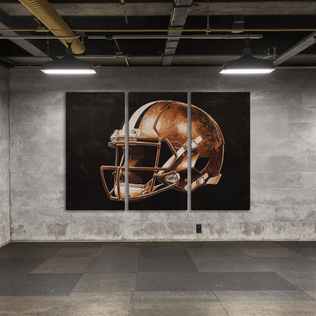 Canvas Print of a football helmet in a sepia tone, perfect for sports fans. Adds a touch of vintage style to any room.