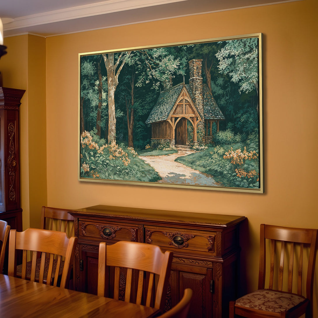 Canvas Print of a serene forest scene with a charming cottage, in a muted green and beige palette, perfect for adding a touch of nature to your home.