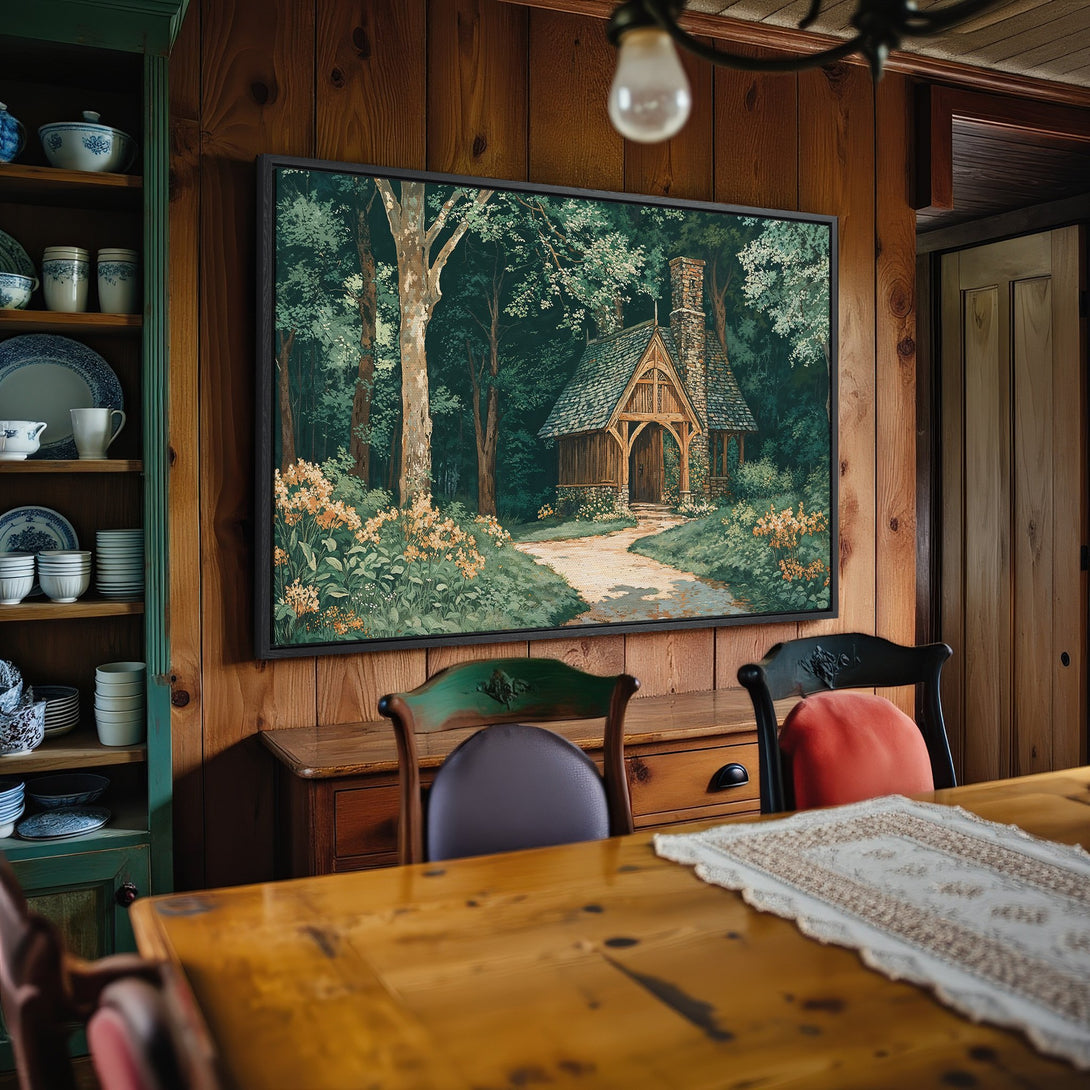 Framed Wall Art: Forest scene canvas print with a cabin, green and earth-tone palette. Perfect for rustic decor.